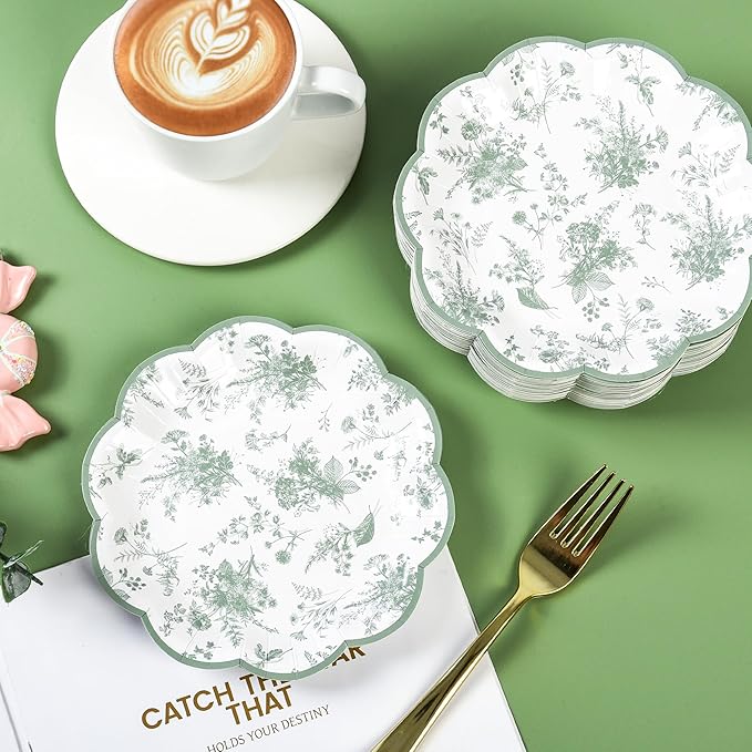 48 Pcs Sage Green Floral Party Plates 7" Vintage Floral Leaf Disposable Paper Plates Wildflower Green Toile Small Scalloped Dessert Plates for Spring Easter Birthday Bridal Tea Party Supplies