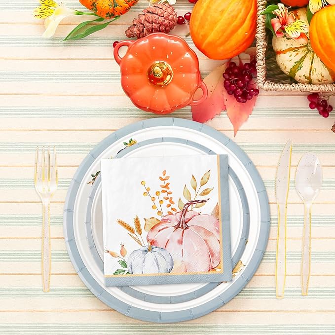 JarThenaAMCS Fall Party Supplies Kit Serves 25 Pink Blue Pumpkin Paper Plates Napkins Cups Plastic Knives Forks Spoons for Autumn Thanksgiving Wedding Birthday Baby Shower, 175Pcs