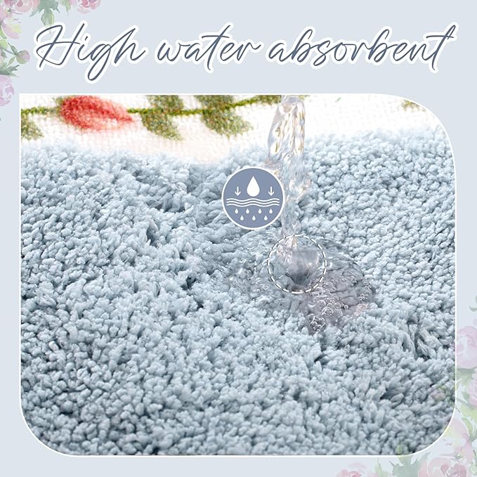 Drydiet 3 Pcs Rose Flowers Bathroom Rugs Set Coquette Room Decor Floral Carpet for Bathroom Bedroom Living Room, Floral Bath Mat Non Skid Romantic Rose Flower Area Rugs 3 Shapes(Blue,Small)