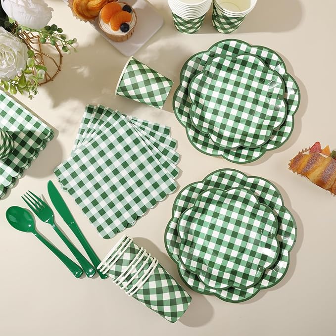175 Pcs Green Gingham Plates and Napkins Party Supplies - Green and White Checkered Plates Sets Serve 25 Guests - Scalloped Gingham Paper Plate for Picnic BBQ Golf Party Decorations