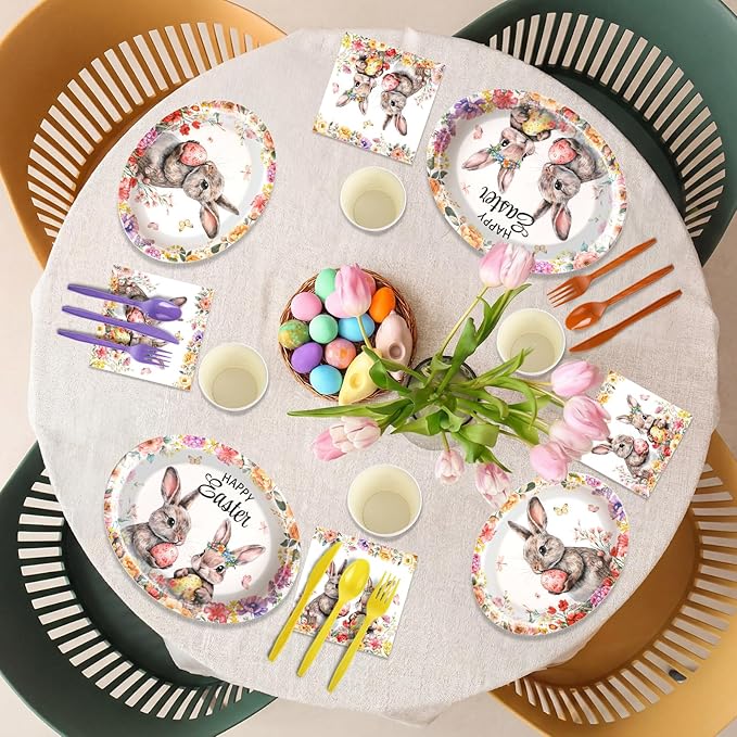 Havawish 350 Pcs Easter Bunny Party Supplies Happy Easter Disposable Tableware Set Flowers Butterflies Rabbit Eggs Oval Paper Plates Cups Napkins Fork Knife Spoon for Spring Party Table Decorations