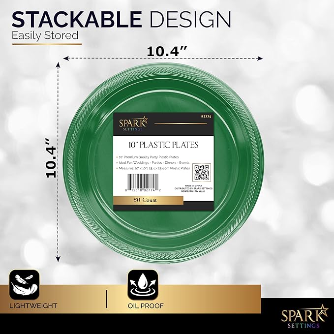 Amcrate Plastic Plate, 10.4 inches, Disposable, Green, Set of 50