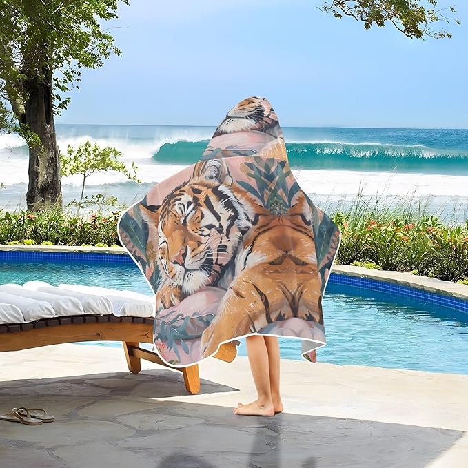 Hooded Towel for Kids Tiger Sleeping Soundly Beach Wrap Bath Towels 50x23.5in
