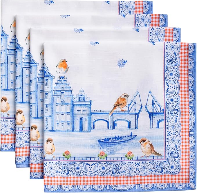 Maison d' Hermine 100% Cotton Cloth Napkins Set of 4 Everyday Reusable Square Napkins Cloth Washable Dinner Party Wedding Restaurant Hotel Kitchen Spring Summer (Amsterdam Canals, 20" x 20")