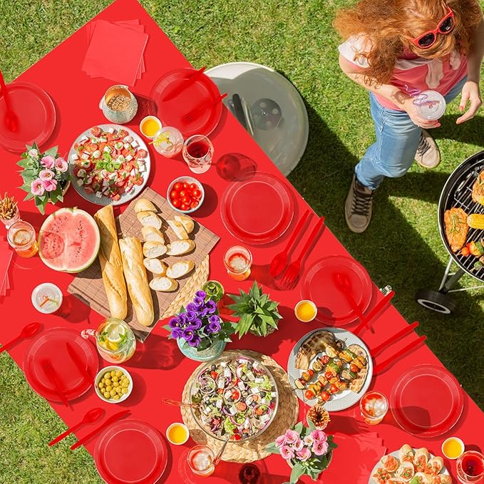 229PCS Red Party Supplies Set Paper Disposable Plates Cups Plastic Spoons Forks Knives Red Napkins for 30 Guests Disposable Party Dinnerware Sets for Wedding Birthday Parties