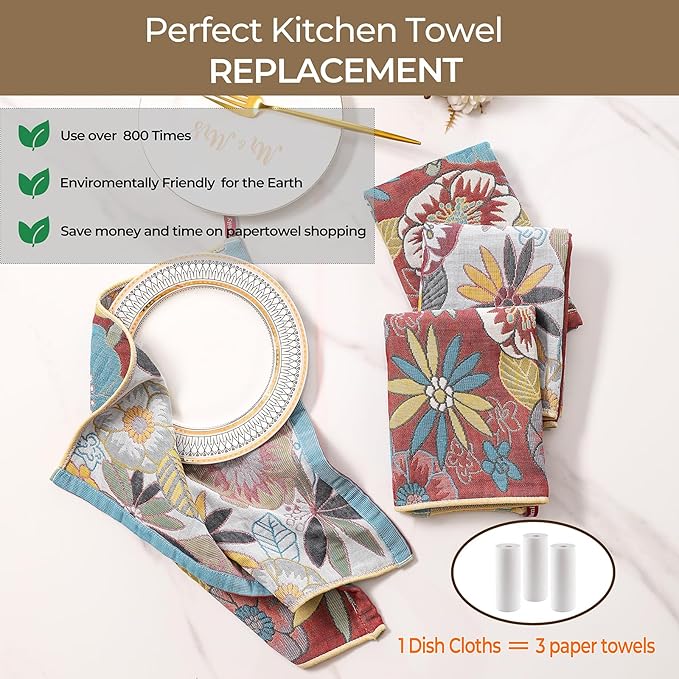 Dish Towels for Kitchen, Jacquard Woven Kitchen Towels Set, Reusable Reusable Cleaning Tea Towels Ultra Absorbent with Hanging Loop,Decorative Retro Hand Towels for Bathroom, Gift for Mom