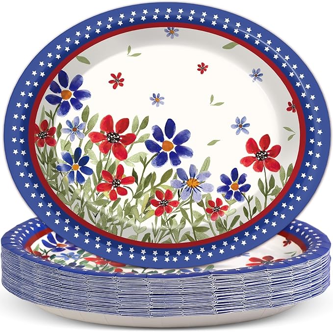 CHUNNIN 50 Pcs Memorial Day Oval Paper Plates Patriotic 4th of July Party Supplies Poppy Flower Summer Independence Day American Disposable Plates Floral Fourth of July Decorations
