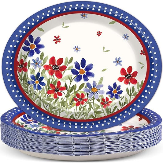 CHUNNIN 50 Pcs Memorial Day Oval Paper Plates Patriotic 4th of July Party Supplies Poppy Flower Summer Independence Day American Disposable Plates Floral Fourth of July Decorations