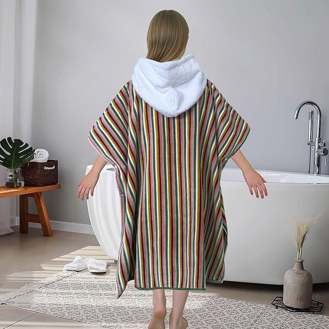 VOOVA & MOVAS Hooded Poncho Towel for Teens Unisex 100% Cotton Vintage Premium Beach Outdoor Bath Cover Up Multicolor Retro Stripe
