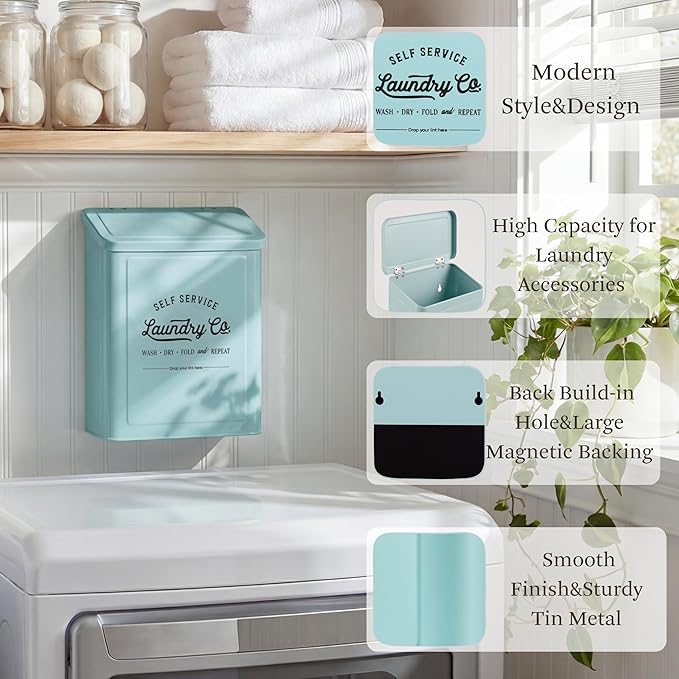 MONJITA Magnetic Lint Bin for Laundry Room, Metal Trash Can with Lid for Dryer, Farmhouse Lint Holder, Laundry Co Sign, Laundry Room Storage Decor with Dryer Lint Brush (Mint)