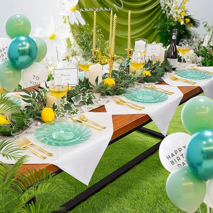 YOUBET 125PCS Clear Green Plastic Plates with Gold Rim - Green and Gold Plastic Plates Include 25 Dinner Plate 25 Dessert Plate 75 Disposable Silverwares for Wedding & Party
