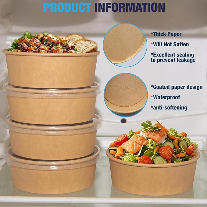 Ruthy's Outlet Kraft Salad Bowls W/Clear Lids – Disposable Paper Salad Containers, Eco-Friendly | Leak-Resistant | Microwave Safe – Ideal for Meal Prep, To-Go Orders & Catering (50, 20 oz)