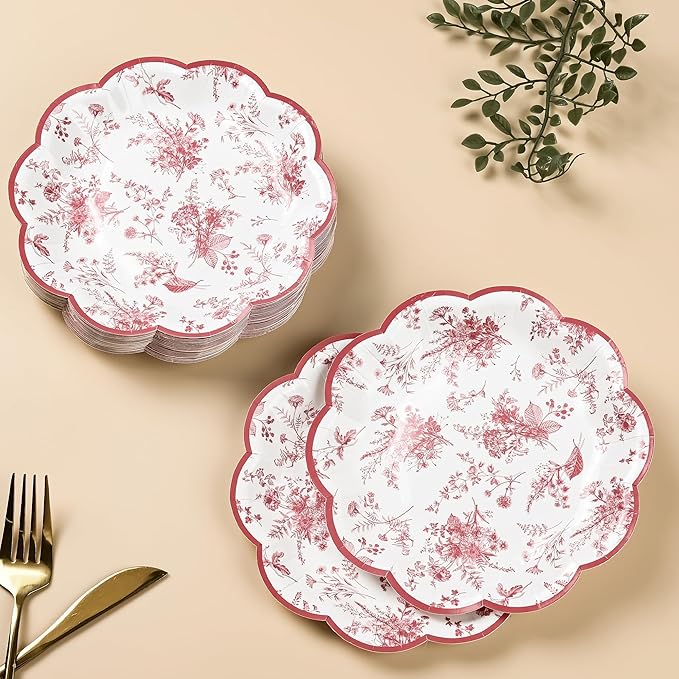 24Pcs Red Floral Party Plates Vintage Floral Leaf Disposable Paper Plate Wildflower Red Toile 7" Scalloped Rim Dessert Plates for Christmas Birthday Bridal Tea Party Supplies