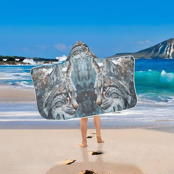 Hooded Towel for Kids Frosty Bobcat Stares Into The Snowy Forest Beach Wrap Bath Towels 50x23.5in