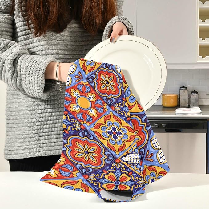 STAYTOP Mexican Talavera Ceramic Tile Pattern Kitchen Towels Set of 4, Super Soft and Strong Absorption Multifunctional Table and Tea Towels, 28x18in