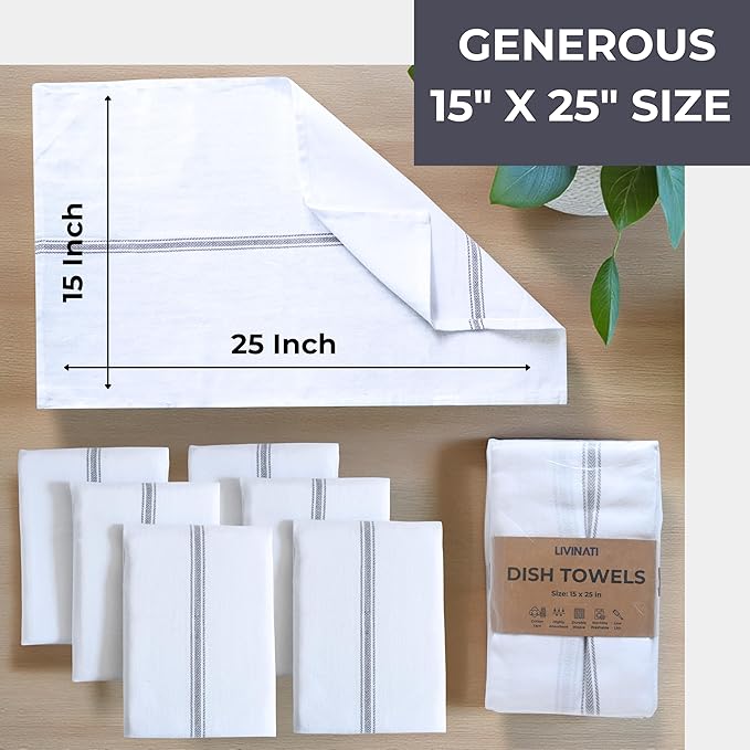 Bulk Kitchen Towels Cotton for Chefs in Commercial Restaurants - 15"X25" - 6 Pack - White Linen Tea Dish Towels - Lint Free Soft Absorbent Center Gray Striped Herringbone Weave Towles