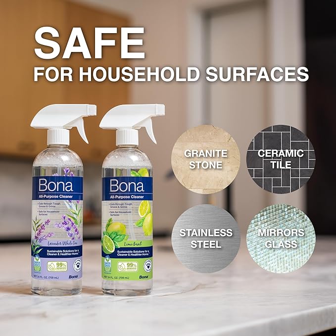 Bona All-Purpose Cleaner - Lime Basil Scent - 24 fl oz - Household Cleaner Cuts Through Tough Grease & Grime - Safe for Household Surfaces (Pack of 2)