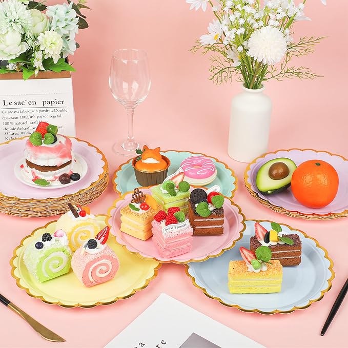 peony man 48 Pcs Pastel Scalloped Paper Plates Disposable Macaron Party Plates 9 Inch Gold Edge Colorful Dinner Plate Pastel Rainbow Dessert Plate for Wedding Birthday Baby Shower Party Supplies