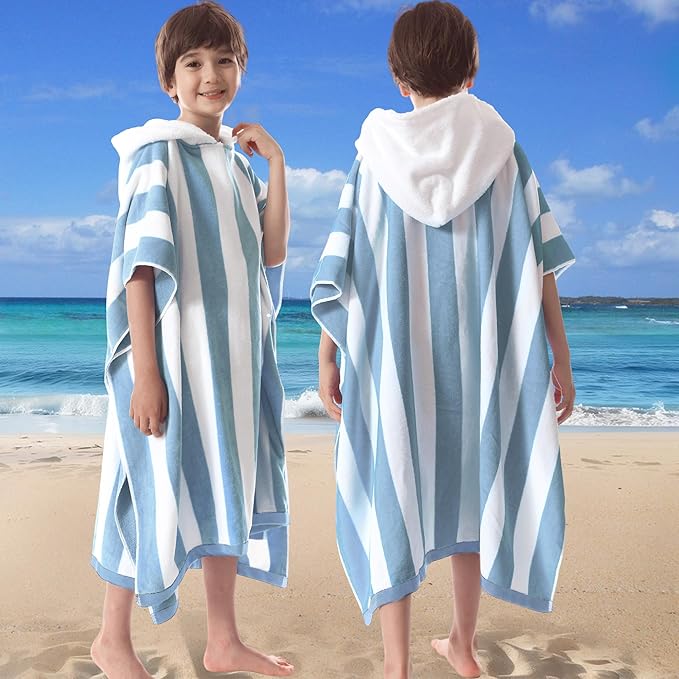VOOVA & MOVAS Oversized Hooded Beach Towels for Teens (8-16Years), 100% Cotton Thick Absorbent Poncho Towel Robe, Perfect for Pool, Beach, Bathroom, Blue Cabana Stripe Design