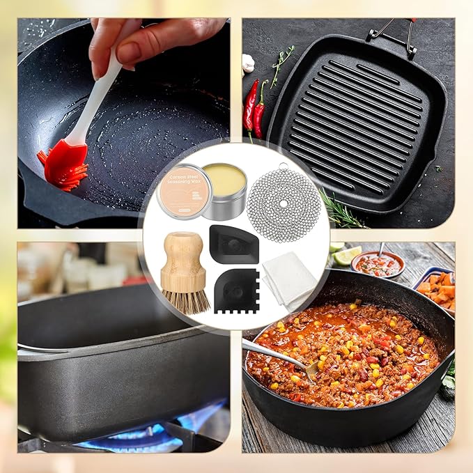 6 Pcs Cast Iron Cleaning Kit Includes Cast Iron Seasoning Wax, Chain Mail Scrubber, Cleaning Brush, Scrapers and Dish Towel Carbon Steel Care Set for Pan Grill Kitchen Supplies