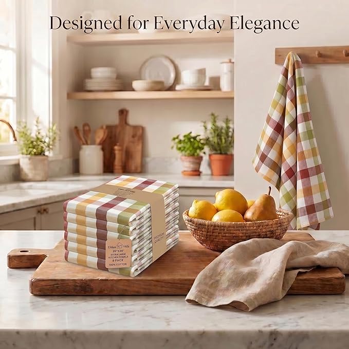 Urban Villa Kitchen Towels 100% Cotton Dish Towels for Kitchen (Set of 6) 20”x30” Dish Cloths Highly Absorbent Kitchen Linen Set with Hanging Loop Perfect for Drying Dishes Cleaning – Harvest Checks