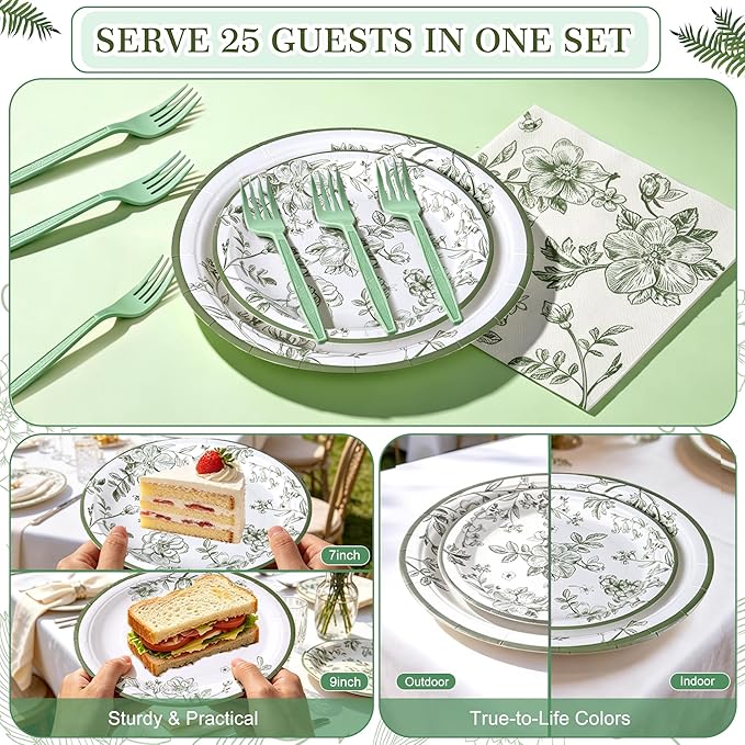 100 Pcs Green and White Floral Party Supplies for 25 Guests, Heavy-Duty 7" & 9" Paper Plates, 2-Ply 13" Napkins & Plastic Forks, Disposable Tableware Set for Bridal Baby Shower and Tea Party