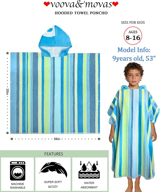 VOOVA & MOVAS Hooded Poncho Towel for Teens Unisex 100% Cotton Bright Colorful Beach Surfing Bath Cover Up Blue Yellow Stripe