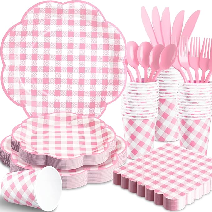 175 Pcs Pink Gingham Plates and Napkins Party Supplies - Pink and White Checkered Plates Sets Serve 25 Guests - Scalloped Gingham Paper Plate for Birthday Wedding Picnic Mother's Day Party Decorations