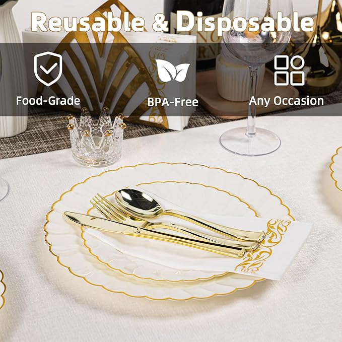 Lullaby 140PCS Elegant Disposable Dinnerware Set – 40 Ivory Scalloped Gold-Trim Plates (20 Dinner, 20 Dessert), 40 Forks, 20 Spoons, 20 Knives & 20 Napkins – Fancy Plastic Plates for 20 Guests