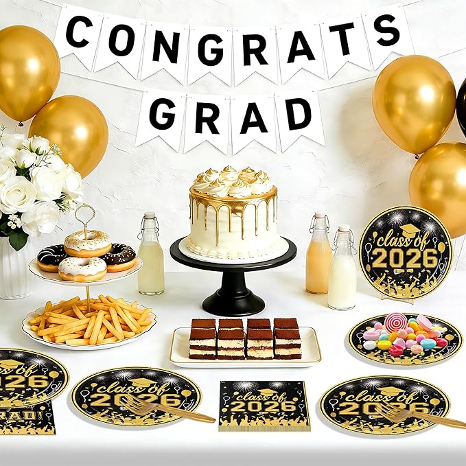 75 Pcs Graduation Plates and Napkins Party Supplies Set,Serves 25 Guests Black Gold 2026 Graduation Plates and Napkins,Disposable Paper Tableware Set for Graduation Party Decorations