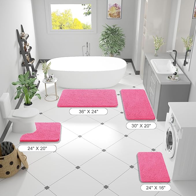 OLANLY Bathroom Runner Rugs 59x24, Soft Absorbent Chenille Bath Rugs, Rubber Backing Quick Dry, Machine Washable Long Bath Mats for Bathroom Floor, Tub and Shower, Home Decor Accessories, Hot Pink