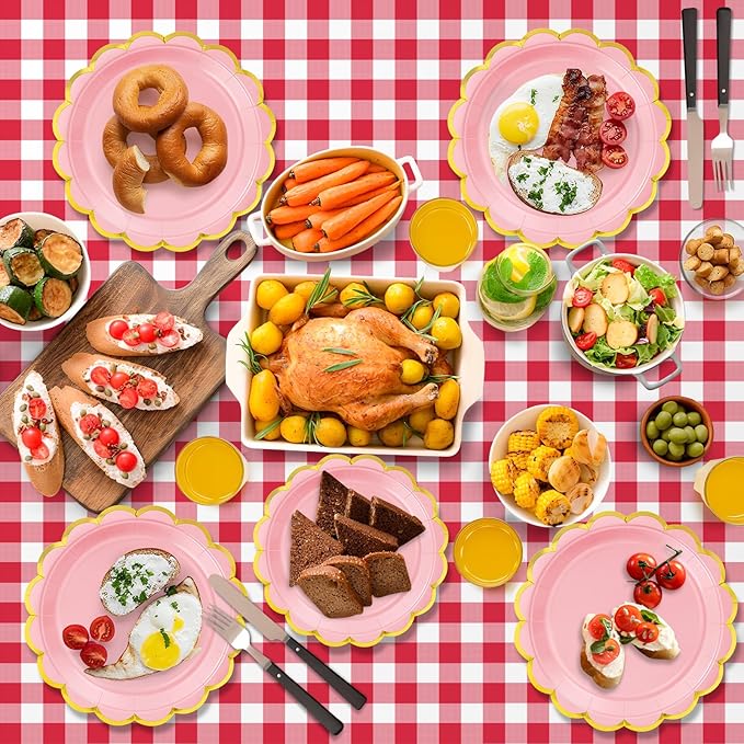 50 Pcs Light Pink Paper Plates, 25 Pcs 9" and 25 Pcs 7" Disposable Pink Scalloped Plates with Gold Foil for Graduation Wedding Baby Shower Birthday Party Picnic BBQ Valentines Day