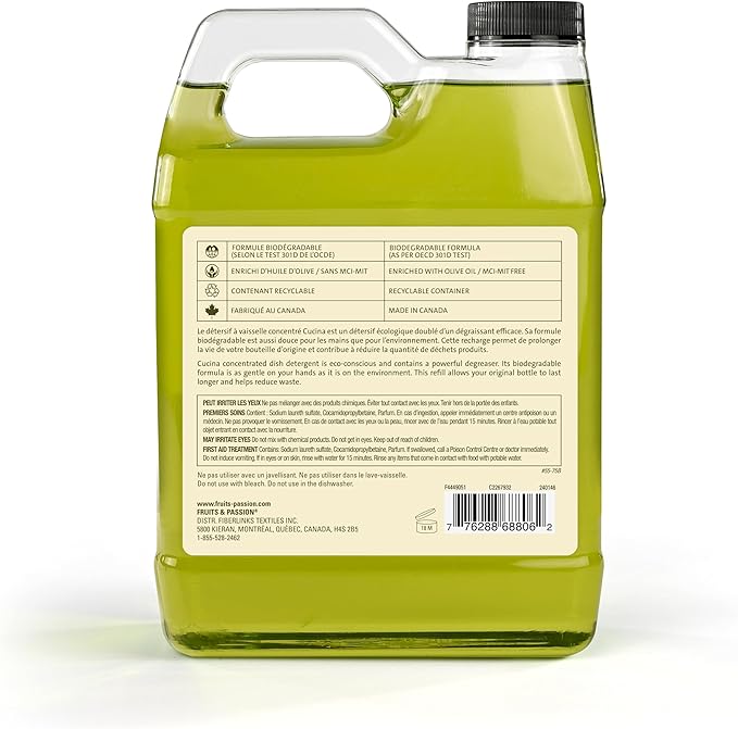 Fruits & Passion Cucina Concentrated Dish Soap Refill – Coriander & Olive Tree, Gentle Liquid Dishwashing Detergent with Olive Oil, Vegan & Eco-Friendly Formula, 1 Liter (33.8 fl oz)
