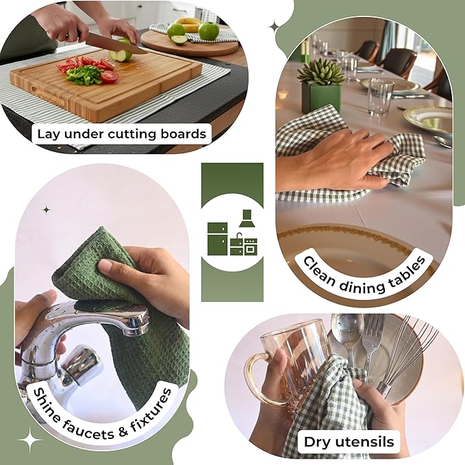 Cotton Dish Towels For Kitchen Drying - Highly Absorbent Sage Green Striped Gingham Plaid Tea Towels - 18"X28" Set Of 6 Farmhouse Linen Dishtowels In Bulk - Pano De Prato Para Cozinha - T Towles Towls