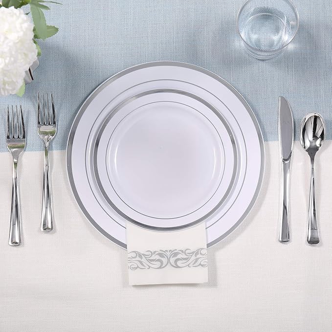 FOCUSLINE 175 Count Silver Dinnerware Set for 25 Guests - Silver Rimmed Disposable Plastic Plates Heavy Duty, Includes 25 Dinner & Salad Plates, Cups, Cutlery Set for Wedding Parties