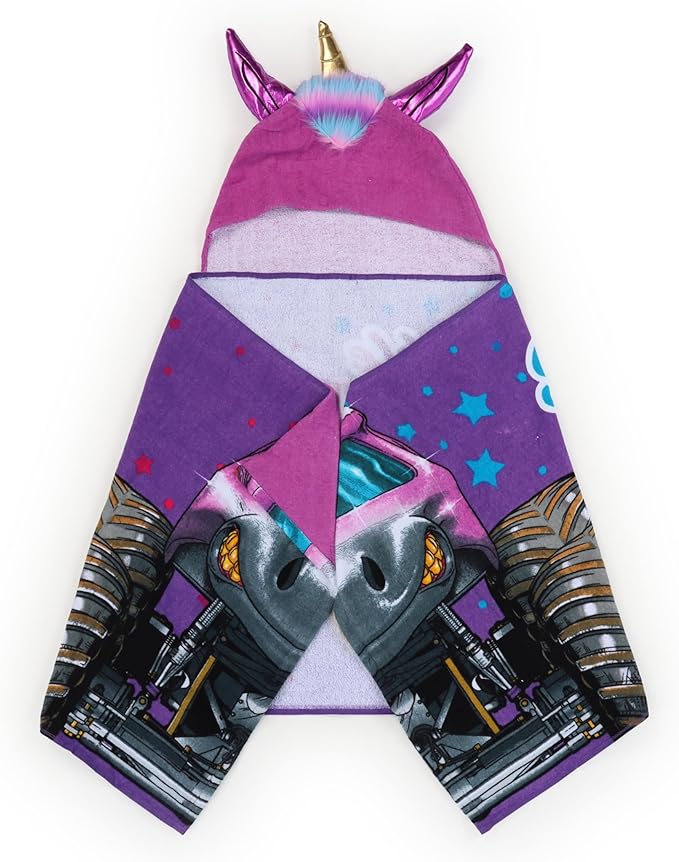 Jay Franco Kids Hooded Towel – 22" x 51" Super Soft Bath Wrap with 3D Hood, Beach, Pool & Travel, Official Licensed Product, Purple - Monster Jam Sparkle Smash