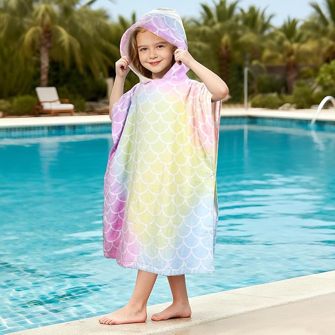 Tirrinia Kids Hooded Beach Towel, Toddler Hooded Bath Towel & Poncho Towel Super Absorbent, Wearable Swim Towel for Kids 3-6 Years Boys Girls at Bath Pool Beach, Birthday Gifts, Rainbow