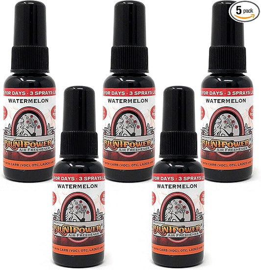 BluntPower Concentrated Oil Based Air Freshener Spray, Long Lasting Odor Eliminator for Car, Room, and Bathroom – Watermelon Scent, 1.5 oz, 5 Packs