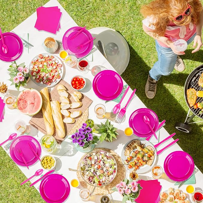228PCS Hot Pink Party Supplies Set Include Paper Plates Cups Hot Pink Napkins Plastic Spoons Forks Knives for 30Guests Disposable Party Dinnerware Sets for Birthday Wedding Family Picnic
