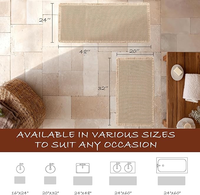 DWCN Set of 2 Waffle Boho Bathroom Mats, Non Slip Bath Rug Set for Bathroom Floor, Super Absorbent Shower Mats for Tub, Washable Kitchen Rugs for Farmhouse Home Decor, 20" x 32" Plus 24" x 48", Brown