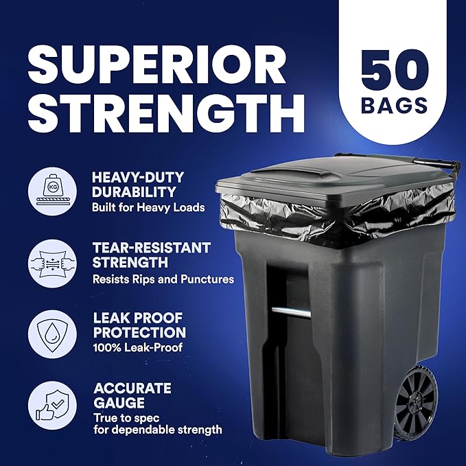Plasticplace 95-96 Gallon Garbage Can Liners │ 1.5 Mil │ Black Heavy Duty Trash Bags │ 61” X 68” (50Count) (W95LDB15)
