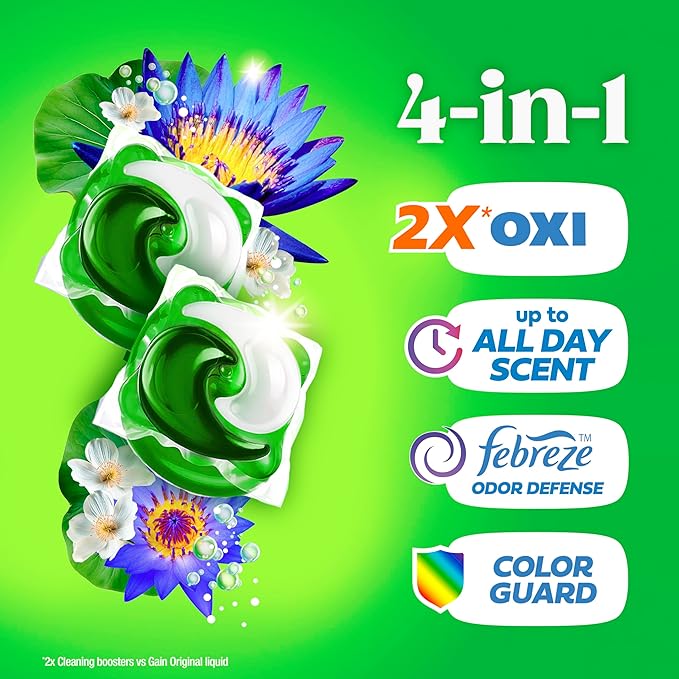Gain Flings Liquid Washing Detergent Pods, Now with Odor Defense + Color Guard, Waterfall Delight Scent, 4-In-1 liquid laundry detergent pacs, clean & fresh, 76 Count (Packaging May Vary)