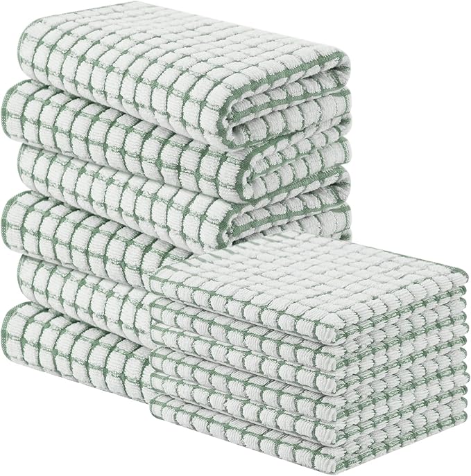 Homaxy Kitchen Towels and Dishcloths Set, 16 x 25 and 12 x 12 Inches, Set of 12 Cotton Terry Kitchen Dish Towels, Super Soft and Absorbent Dish Cloths, Grass Green