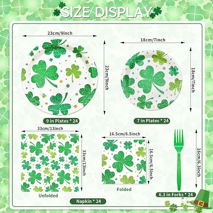 96 Pieces St. Patrick's Day Shamrock Plates and Napkins Tableware Set, Green Lucky Clover Disposable Dinnerware with Paper Plates, Napkins, and Forks for Irish Party Supplies- Serves 24
