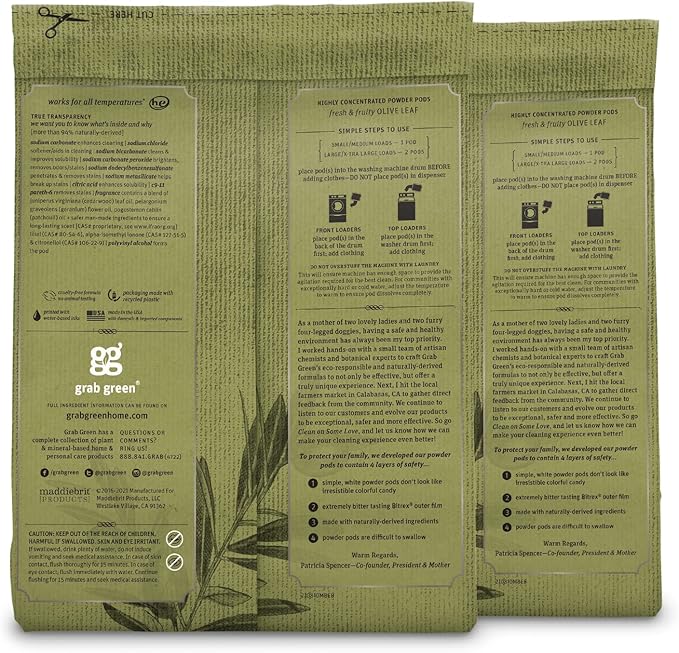Grab Green Stoneworks Laundry Detergent Pods, 100 Count, Olive Leaf Scent, Plant And Mineral Based, Cleans Deeply, Eliminates Odors, Fights Stains