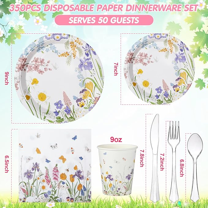 FillTouch 350 Pcs Floral Party Supplies Set Wildflower Disposable Paper Plates Flower Napkins Cups Knives Forks Spoons for 50 Guests Spring Summer Garden Tea Party Baby Shower Birthday