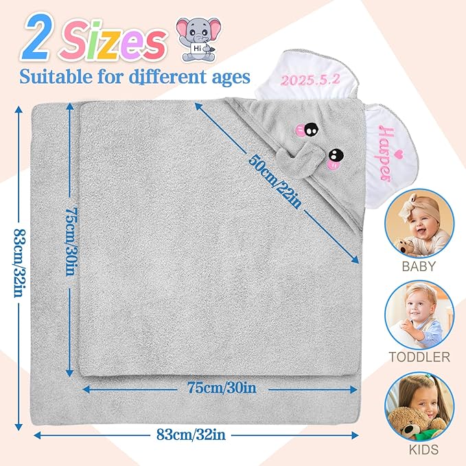 Baosity Custom Elephant Hooded Baby Towel with Name, Personalized Soft Absorbent Bath Towel, Shower Towels for Girls Boys, Easter Christmas Brithday for Kids Baby, Toddler, Newborn Essential