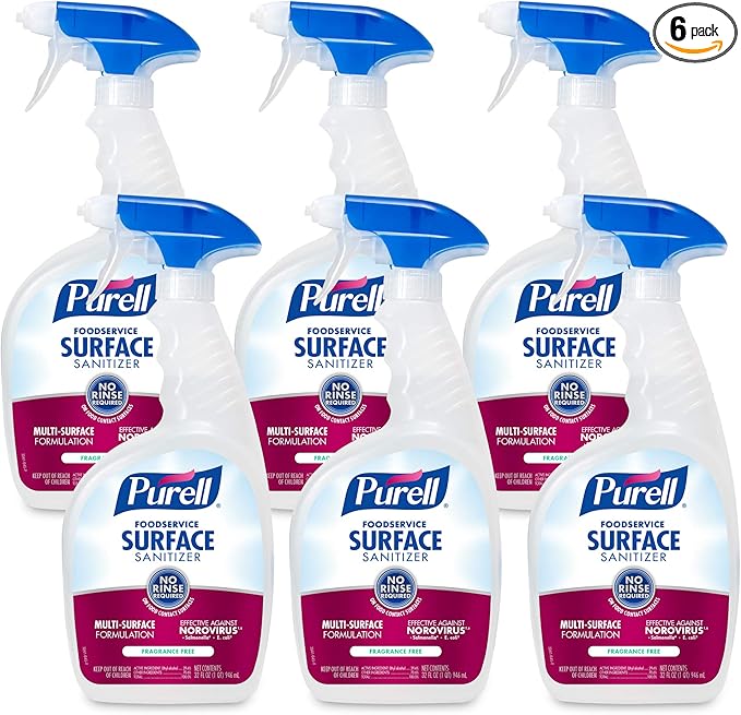 PURELL Foodservice Surface Sanitizer Spray, Fragrance Free, 32 fl oz Capped Bottle with Spray Trigger in Pack (Pack of 6) - 3341-06