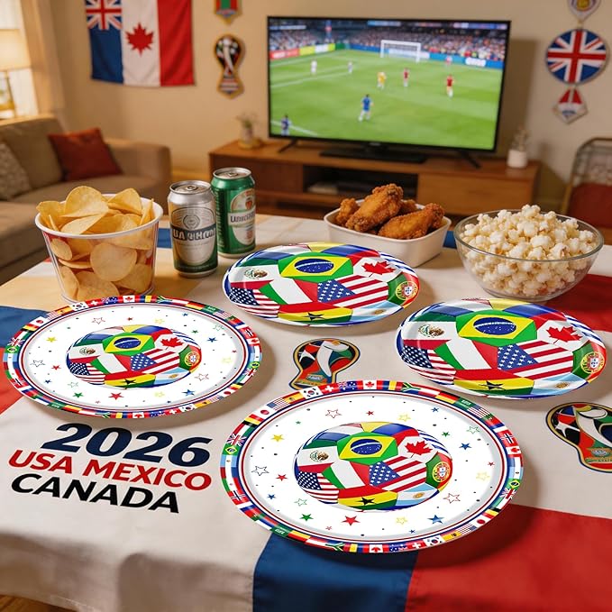 96 Pieces International World Flags Plates and Napkins Tableware Set, Soccer World Flags Disposable Paper Plates Napkins Forks for Soccer Party Supplies Sports Theme Events Birthday Decor - Serves 24