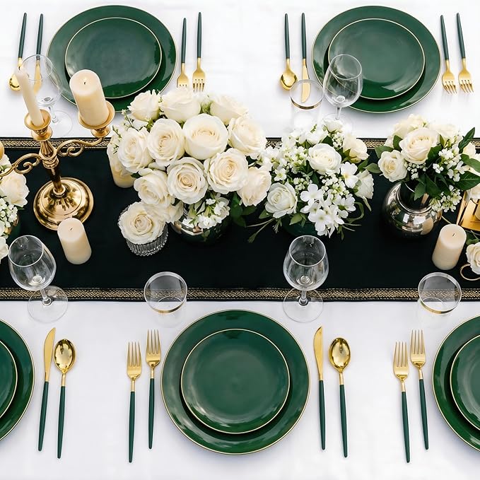 DaYammi 150Pcs Green Plastic Plates with Gold Rim,Gold and Green Disposable Plates with Cutlery Included 30 Dinner Plate,30 Dessert Plate,30 Knives,30 Forks,30 Spoon, green plates for Party Dinner